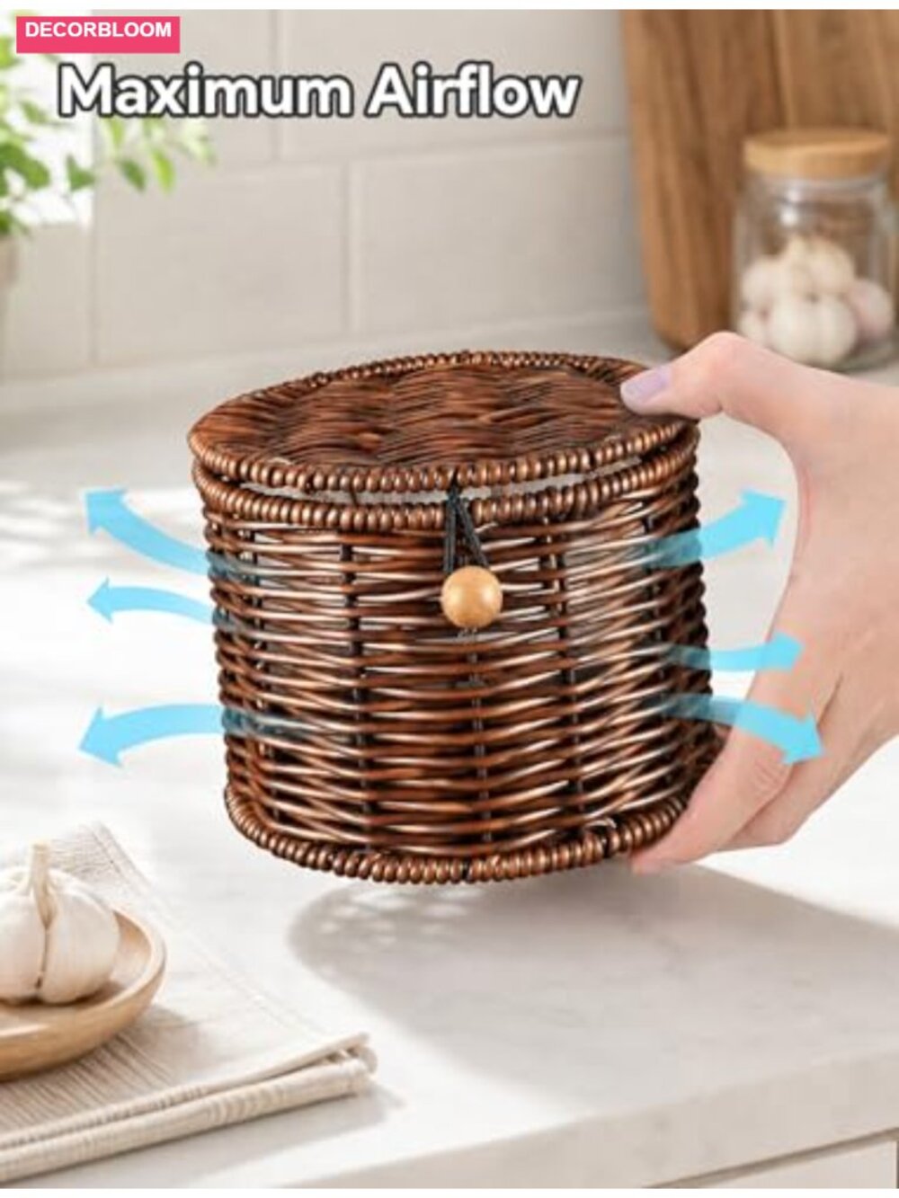 Handwoven Rattan-Style Garlic Keeper for Counter, Holds 8-10 Bulbs, Wide Opening - Picture 4 of 5